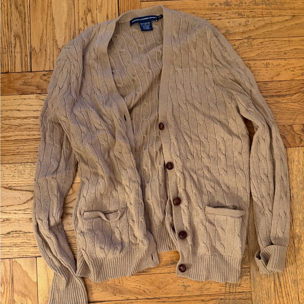 Ralph Lauren Tan Cable-Knit Cotton Cardigan